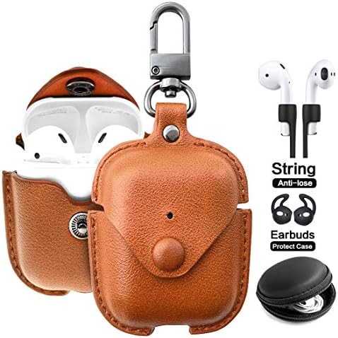 Airpods Leather Case with Silicone Strap Kit and Keychain Accessories, Houbox Full Protective Airpod Case Cover for Birthday Compatible Apple Airpods Charging Case (Light Brow)