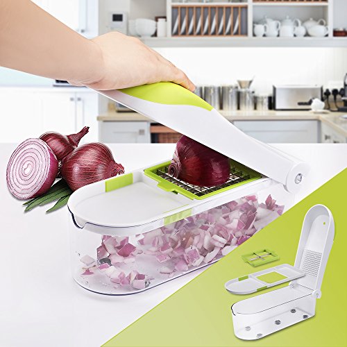 E-Gtong Vegetable Chopper and Food Slicer, Vegetable Slicer with 9 Interchangeable Blades, Potato Onion Chopper and Cutter for Vegetable and Fruit with Big Container, Cleaner and Hand Protector
