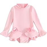 Licupiee Kids Toddler Girls 3D Flower Swimsuit Flare Long Sleeve Ruffle Bodysuit One Piece Rashguard Swimsuit Bathing Suits