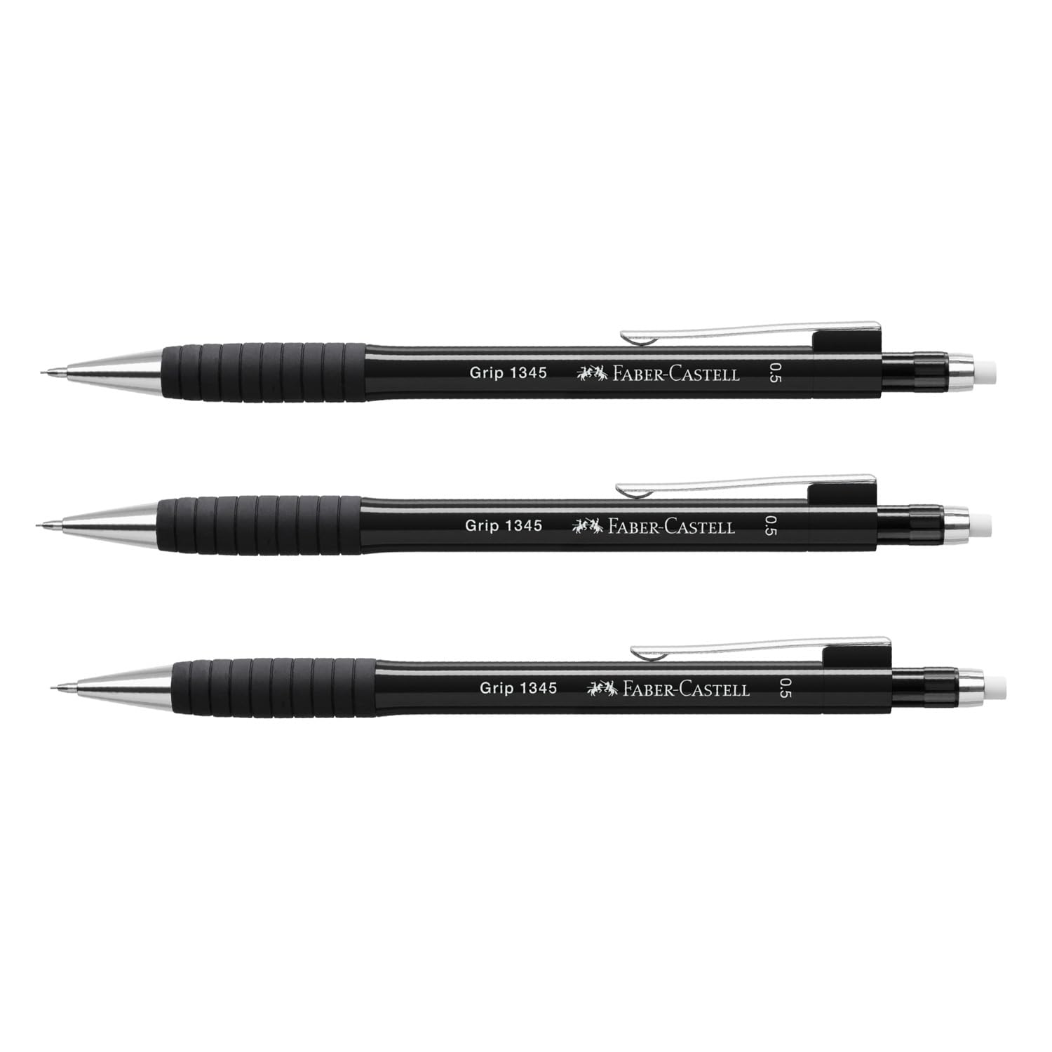 FABER-CASTELL Grip 1345 205023 Mechanical Pencil Set Black, 3 Pieces, Hardness Grade B, Lead Thickness 0.5 mm, with Integrated Eraser
