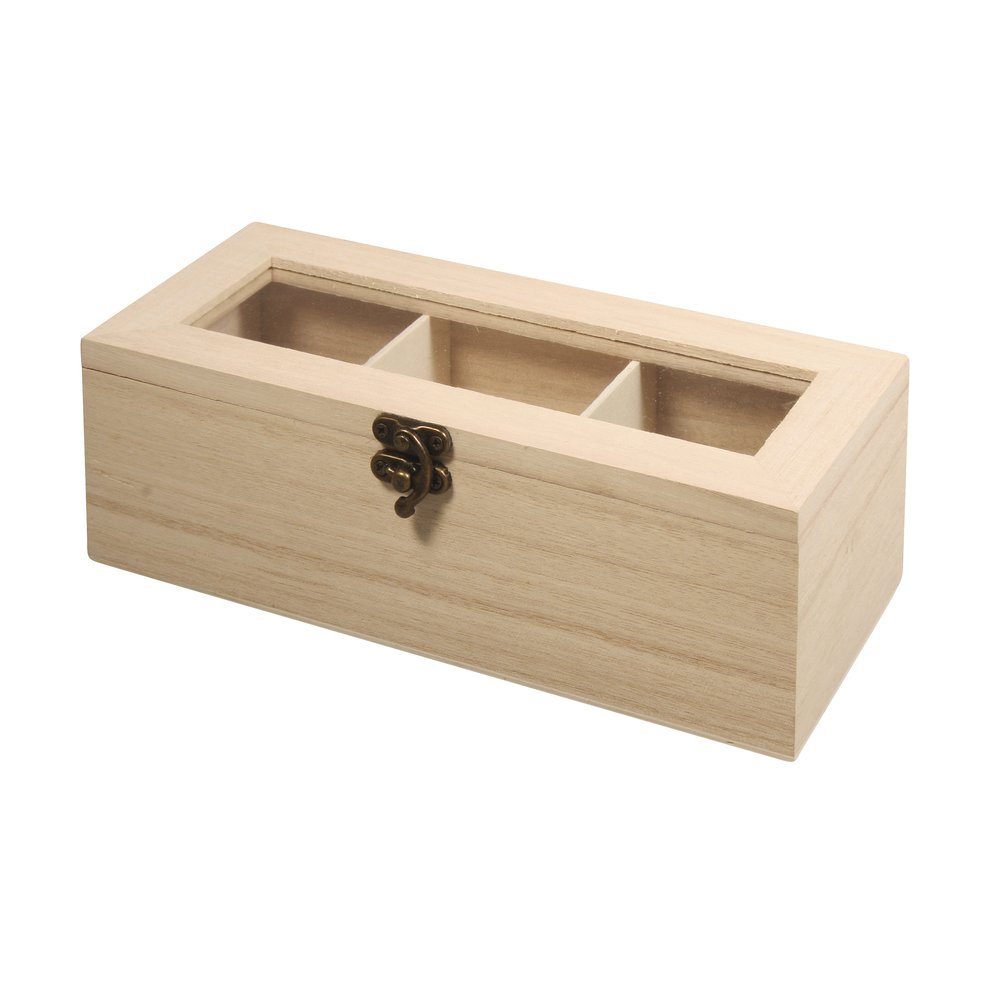 Rayher Tea Storage Box with 3 Compartments, Wooden Tea Chest with Lid, natural wood, 21.5x9x7cm, 62598000
