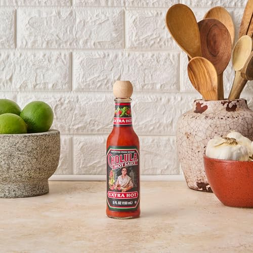 CHOLULA HOT SAUCE, EXTRA HOT, PRODUCT OF MEXICO, BLEND OF ARBOL & PIQUIN PEPPERS FOR BRINGING EXTRA HOT HEAT TO TACOS, EGGS, PIZZA AND MORE, 5 FL OZ