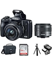 Canon EOS M50 15-45mm Mirrorless Digital Camera (Black) with Canon EOS Camera Gadget Bag, 64GB SD Card, Flexible 12" Spider Tripod, and Battery & Charger Pack Bundle (5 Items)