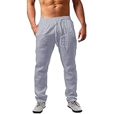 Karlywindow Mens Linen Pants Casual Loose Lightweight Drawstring Elastic Waist Summer Yoga Beach Trousers