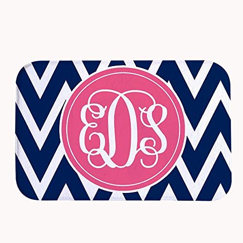 Ojngdafs Navy Blue and White Zigzag Chevron Custom Monogram Non-slip Indoor or Outdoor Mat Super Absorbent Doormat 20" x 32"
