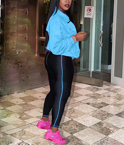 Women's Clubwear Two Piece Outfits Zipper Jacket Top and Jogger Pants Set Tracksuit Activewear Suits Blue L - Thumbnail 2