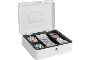 Kasten Cash Box With Money Tray and Key Lock, Money Organizer for Cash, 9.84"x 7.87"x 3.54", Medium White