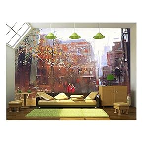 Couple in Red Walking on Street of City,Digital Painting - Removable Wall Mural | Self-Adhesive Large Wallpaper - 66x96 inches