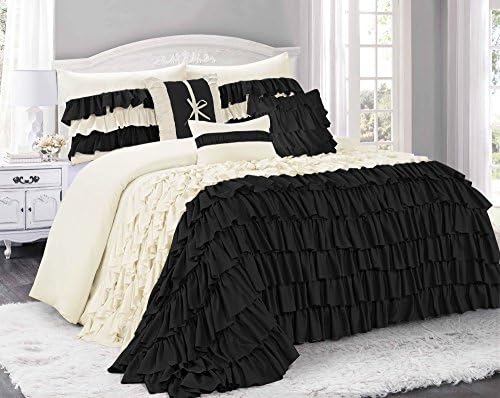 7 Piece Two Color Tone Ruffled Comforter Sets Queen Size, Black Ivory (BRISE)