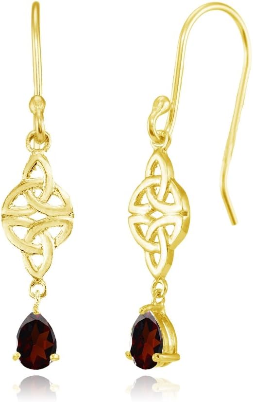 Yellow Gold Flashed Sterling Silver Garnet Celtic Trinity Knot Teardrop Dangle Drop Earrings