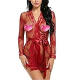 JYVIN Women's Lace Kimono Robe Plus Size Sex Lingerie Sexy Red Erotic Nightwear