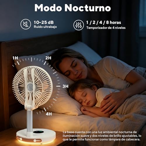 CROSPIN Ventilador Portátil Recargable 10000mAh 12 Pulgadas, Plegable y Telescópico de Pie y Escritorio, Oscilación 90°, 6 Velocidades, Control Remoto, Luz Nocturna, Temporizador, Silencioso