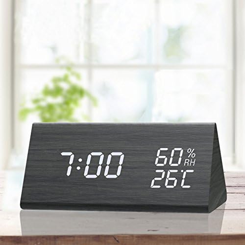 TooTa Digital Alarm Clock, 3 Alarm Settings, with Wooden Electronic LED Time Display, Temperature Detect, Ideal for Bedroom, Bedside, Kids, Batteries not Needed, Black