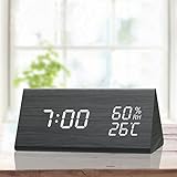 Digital Alarm Clock, with Wooden Electronic LED Time Display, 3 Alarm Settings, Humidity &amp; Temperature Detect, Wood Made Electric Clocks for Bedroom, Bedside, Black