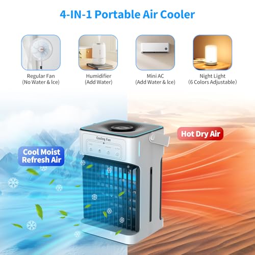 Portable Air Conditioners, Upgraded Motor Evaporative Air Cooler with Remote, 3 Speeds & 3 Mist, 7 Color Night Light Cooling Fan with 2-8H Timer, 1100ML Personal AC Unit for Bedroom Office