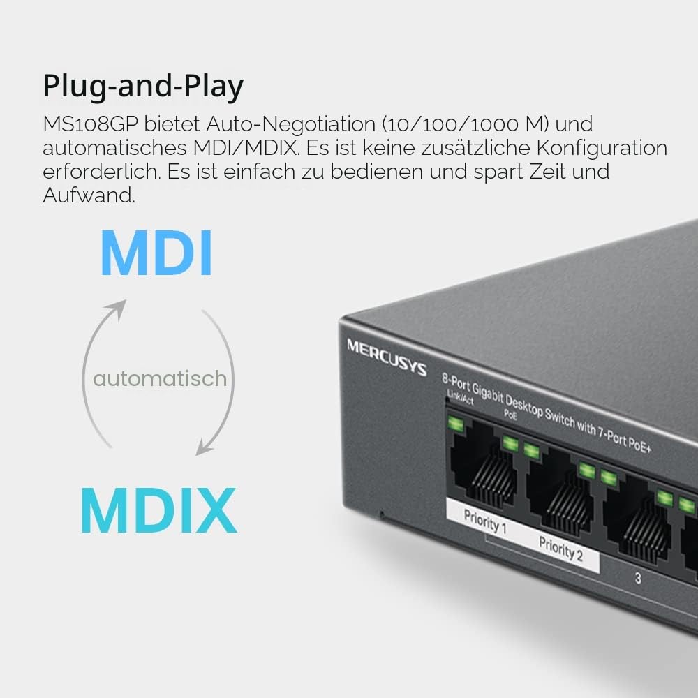 Mercusys MS108GP PoE Switch 8-Port Gigabit LAN Switch mit 7 PoE+ Ports, bis zu 30 W pro PoE-Port und 65 W für alle PoE-Ports, 802.3af/at PoE, lüfterlos, Plug-and-Play, Robustes Metallgehäuse 9