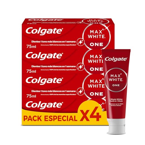 Max White One Pasta de Dientes Blanqueadora, Pack 4 Uds x 75ml, Dentífrico Blanqueador, Dientes 1 Tono Más Blancos en 1 Semana, Elimina Manchas Superficiales