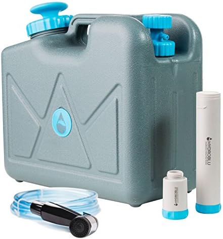 HYDROBLU Pressurized Water Can Water Filter-Activated Carbon and Hollow Fiber Filters with Shower Head Attachment; Water Can for Travel, Camping, and Emergency Preparedness -a Life Saving Water System