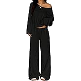 GFU Two Piece Matching Lounge Sets for Women Off Shoulder Sweatshirt Wide Leg Palazzo Pants for Fall, Vacation, Airport