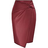 Kate Kasin Women's Faux Leather High Waist Wrap Knit Bodycon Midi Skirt for Business Casual Pencil Skirt