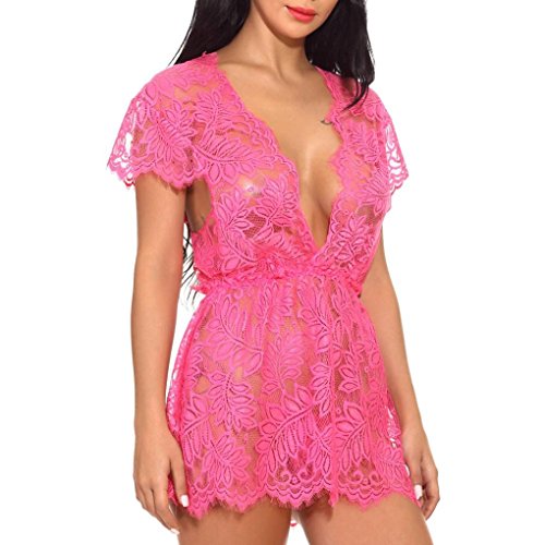 Women Lingerie,Sexy Lace Deep V Short Sleeve Nightdress Sleepwear Underwear Babydoll (Hot Pink, Size:2XL)