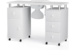 Charmmade Professional Nail Table Manicure Table Nail Desk for Nail Tech Manicure Nail Station, Dust Collector, Lockable Wheels, Storage Drawers & Cabinet, Wrist Cushion, 3 Dust Bags, White