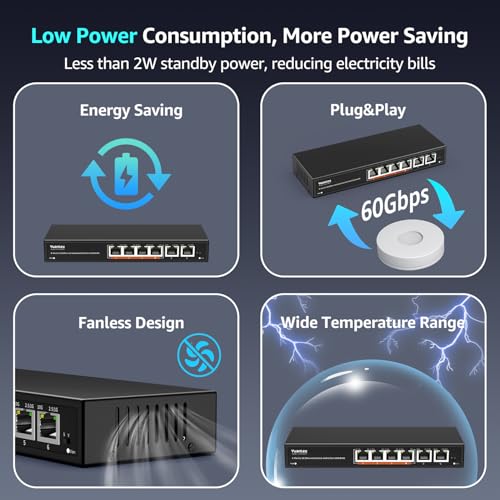 6 Port Unmanaged 10G Ethernet Switch, 4 2.5G Base-T Ports, 2 Ports RJ45 10Gb, 100/1000/2500Mbps Compatible, Metal Enclosure, VLAN, YuanLey 2.5Gbe Network Switch for 2.5G/10G NAS