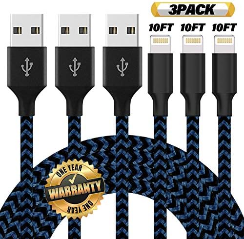 GUIGUI Phone Charger 3Pack 10FT Nylon Braided Charging Cables USB Charger Cord, Compatible with Phone Xs MAX XR X 8 8 Plus 7 7 Plus 6 6 Plus Pad and Pod - Black Blue