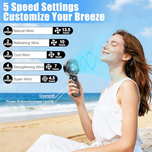 Portable Fan, Mini Silent Handheld Fan Powerful Rechargeable Battery Operated 3 in 1 5 Speed Small Fan USB Table Fan for Travel, Office, Camping