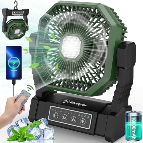 Multper Camping Fan with LED Light, Rechargeable for Outdoor Camping Tent with Hook and Remote, Powerful 4 Speed USB Desk Fan for Fishing, Power Outage, Picnic