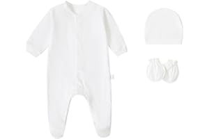 FITFIFTH POD Baby Rompers 0~3 to 3-6 Months 100% Cotton Footies 3PCS Jumpsuit with Solid Hats Mittens Gloves