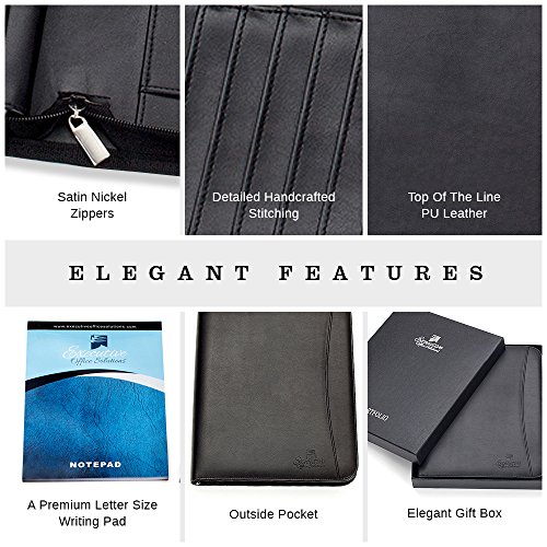 Professional Executive Business Padfolio Portfolio Case - PU Leather Resume & Document Organizer with 10.1 Inch Tablet Sleeve, Zipper, Premium Paper Pad - Deluxe Edition Black - Thumbnail 3