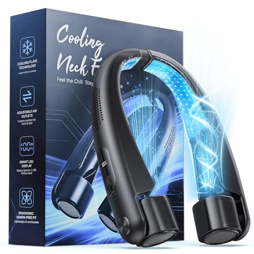 Yannovus Portable Neck Fan with Cooling Plates, 6000mAh Neck Fans Rechargeable with 1-100 Speed Control, Bladeless Cooling Fan with Digital Display, Adjustable Air Outlets for Travel Outdoor