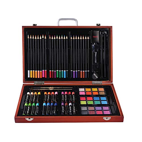 H & B Deluxe Art Set 82-Piece, Portable Wooden Case Art Kit, Kids Art Supplies for Drawing, Painting, for Kids, Teens, Adults Great Gift for Beginner and Serious Artists