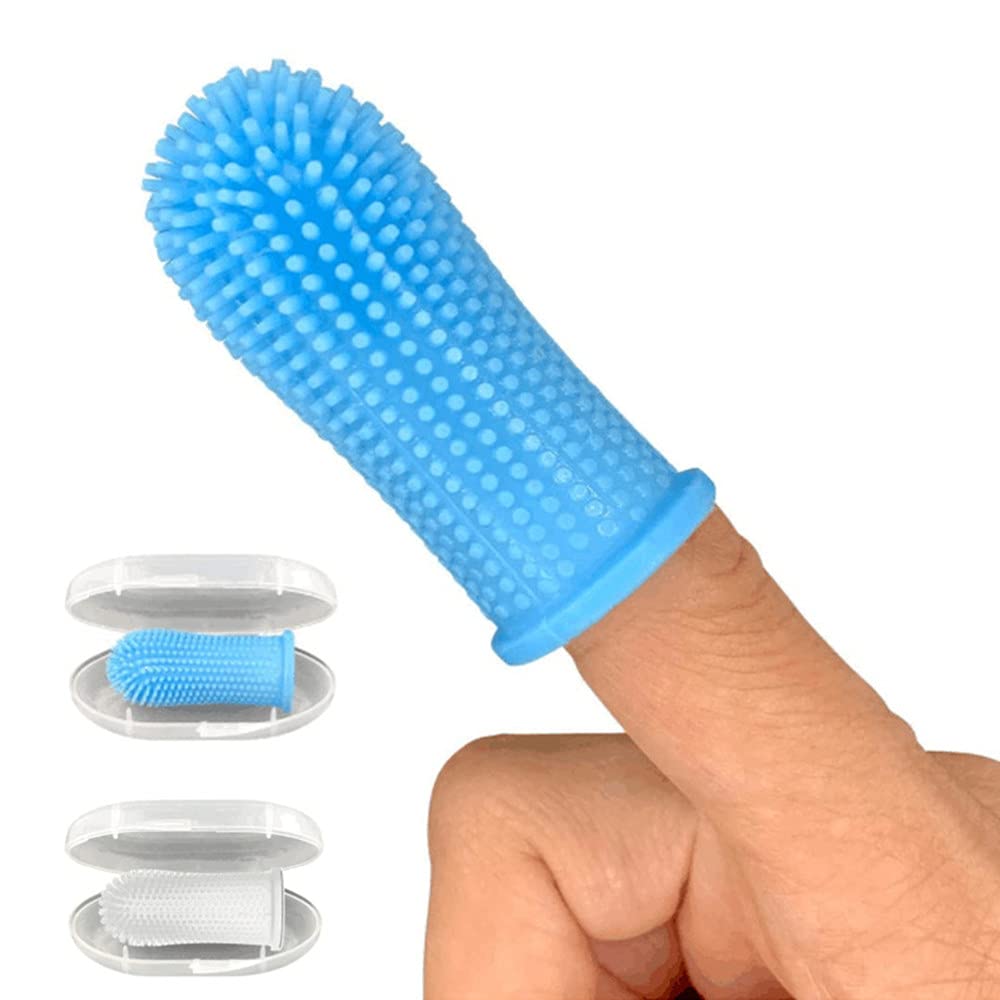 2 Pieces Dog Toothbrushs Silicone Pet Toothbrushes Full Surround Bristles Dog Finger Toothbrush for Dogs Cats and Pet(Blue and White)