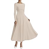BTFBM Spring Dresses for Women 2026 Trendy Boat Neck Long Sleeve A Line Flowy Knit Loose Casual Elegant Party Maxi Dress