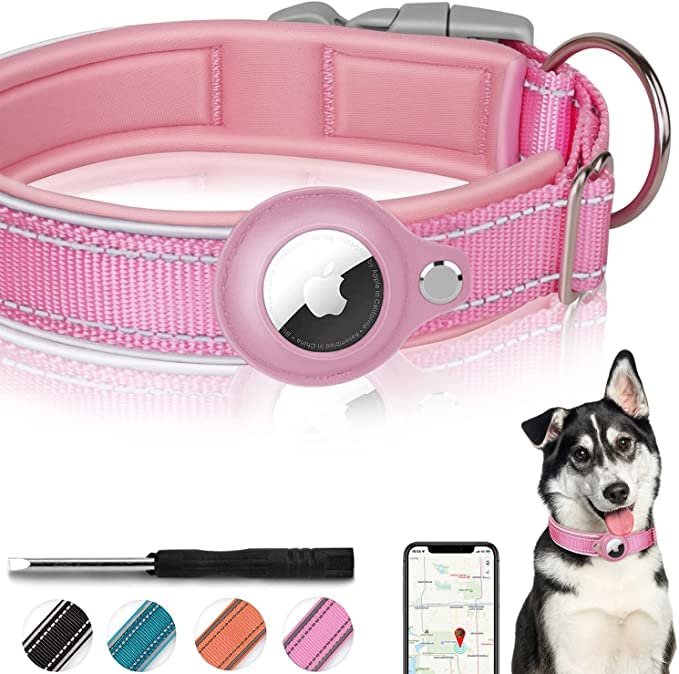 Airtag Dog Collar, Reflective Nylon Dog Collar, Adjustable Pet Collar With Quick Release Buckle, Apple Airtag Collar With Holder For Small, Medium, Large and Extra Large Dogs (X-Large, Pink)