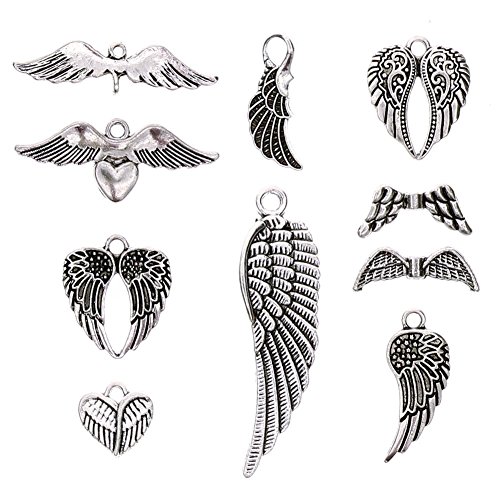 KeyZone 36 Pcs Vintage Silver Plated Assorted Angel Wings Charms Pendants DIY for Jewelry Making and Crafting