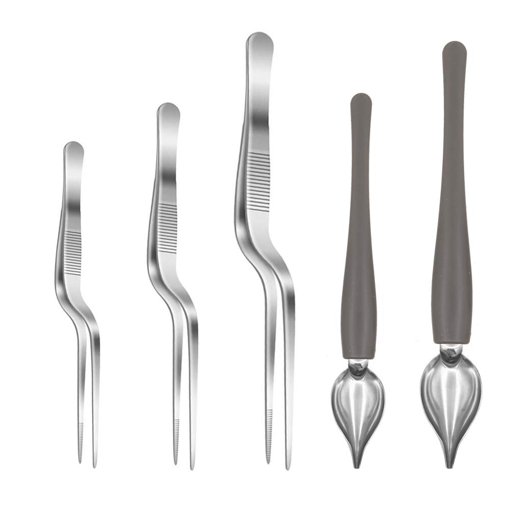 5 Pcs Kitchen Stainless Steel Culinary Drawing Spoons with Tapered Spout and Tweezers Precision Tongs Tweezers Set for Cooking Plates Decorating Dessert Cake Decoration Baking Pastry
