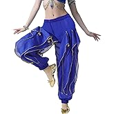 Women‘s Belly Dance Harem Pants with Golden Trim High Waist Stretchy Pants for Yoga Practice Stage Performance