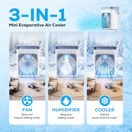 Portable Air Conditioner, 3-in-1 Evaporative Air Cooler with 3 Speeds & 2 Mist Modes, 1000ml Personal Mini AC Unit, USB Small Cooling Fan with RGB Night Light & Timer for Bedroom Office Car (Blue)