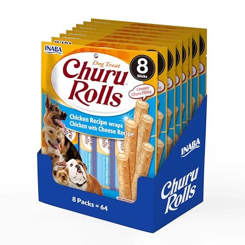 Churu Rolls von INABA 8er-Pack Hundesnacks – Geschmack Huhn und Kaese (insgesamt 64 x 12 g) / knusprige Sticks mit cremigen Leckerlis fuer Hunde, leckerer Snack und