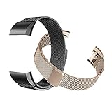 Fitbit Charge 2 Bands (2-Pack), Tecson Stainless Steel Milanese Loop Replacement Bracelet Strap with Unique Magnet Lock for Fitbit Charge 2,Rose Gold, Silver (Champagne Gold & Black)