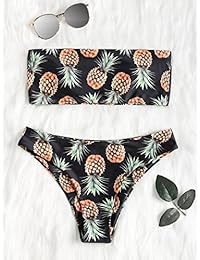 ZAFUL Bikini sin tirantes con estampado de piña de corte alto para dama