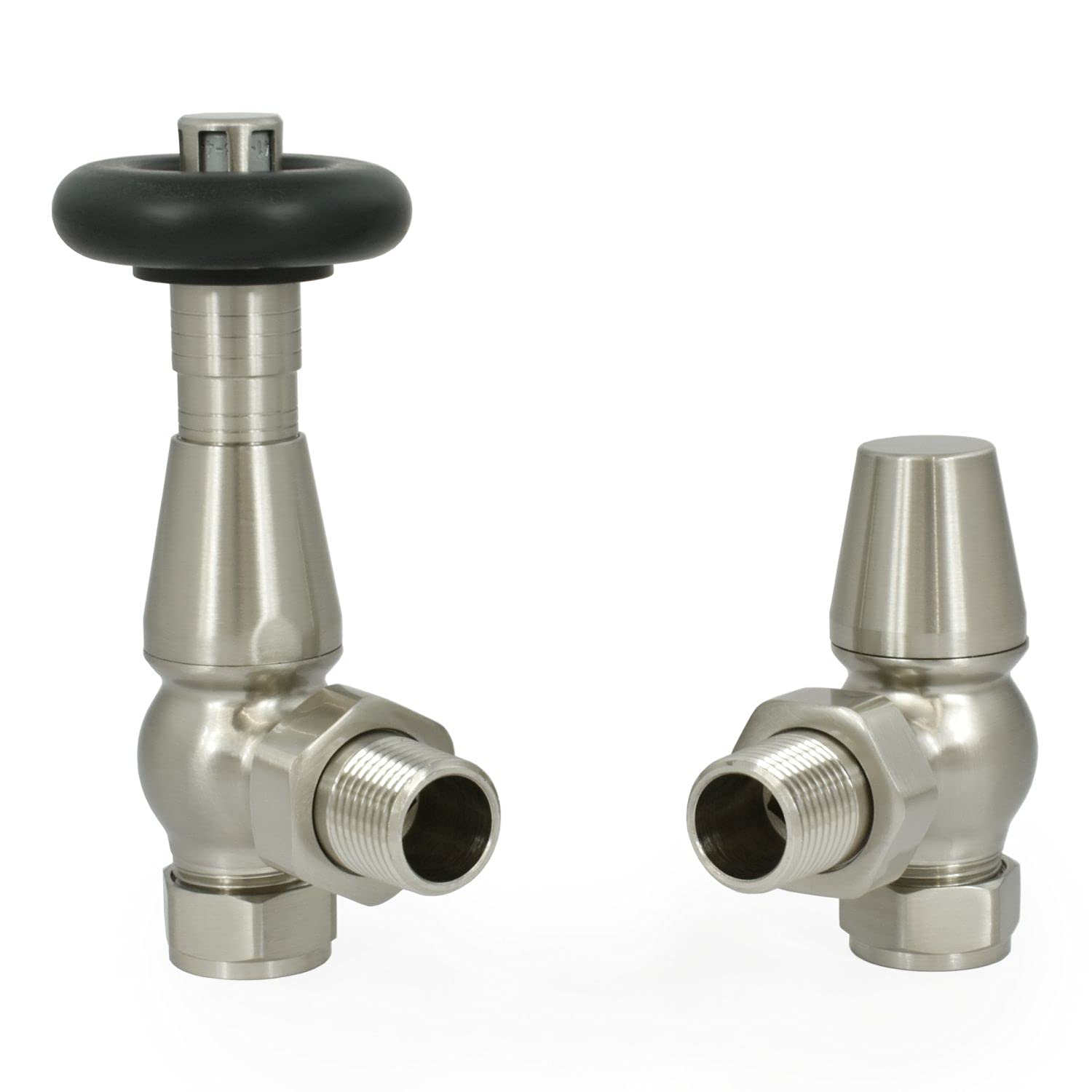 Hot Flow Satin Nickel Jordan Angled TRV Thermostatic Radiator Valve (Pair) Includes Angled TRV Body & One Lock Shield for Quick & Easy Temperature Control.