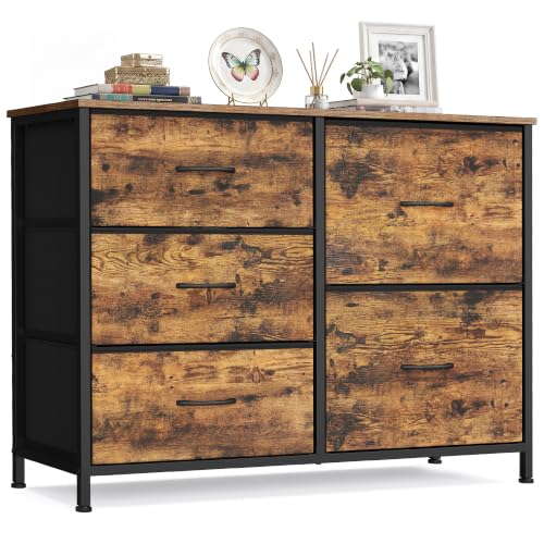 SONGMICS Kommode mit 5 Schubladen, Schubladenschrank aus Stoff und Metall, für Schlafzimmer und Wohnzimmer, 98,7 x 30 x 74,7 cm, Rustikales Braun, BEL
