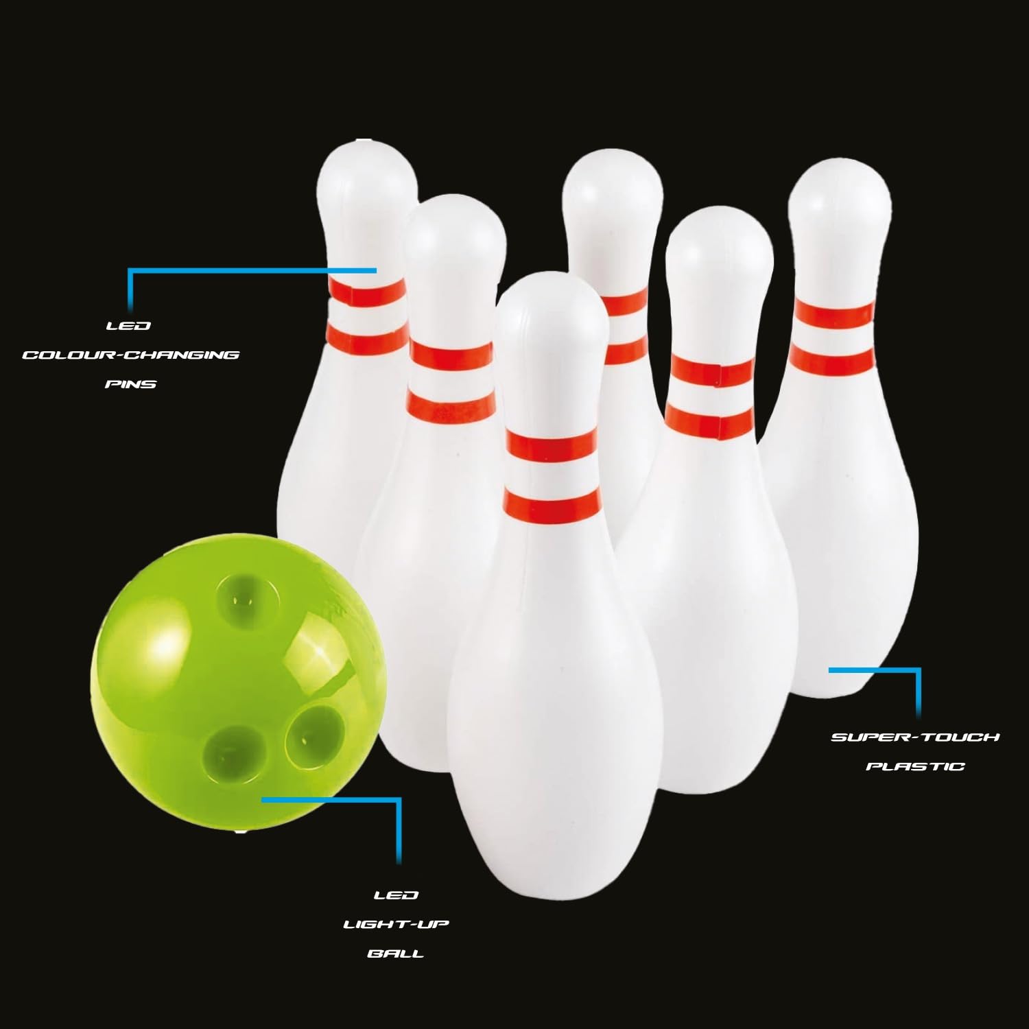 Glow Games, Glow in the dark bowling set with LED lights, 92592, Light up toys, for ages 5+ years.