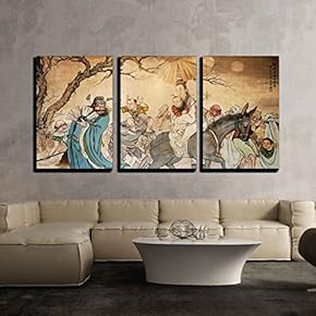 3 Piece Canvas Wall Art - Traditional Oriental Watercolor Ink Art - Modern Home Art Stretched and Framed Ready to Hang - 16"x24"x3 Panels