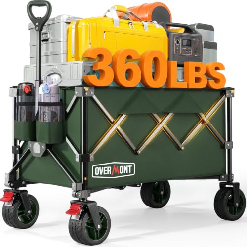 Overmont Faltbar Bollerwagen Klappbar Handwagen - mit Geländegängige Breite Räder - bis 150 kg Tragkraft - für Camping Sport Einkaufen Garten Grün