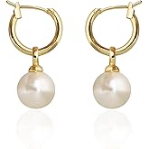 Gold Pearl Dangle Earrings for Women, 14K Gold Plated Pearl Hoop Drop Huggie Hoop Earrings, Hypoallergenic Dainty Gold Earrings Wedding Jewelry Gifts for Women Trendy